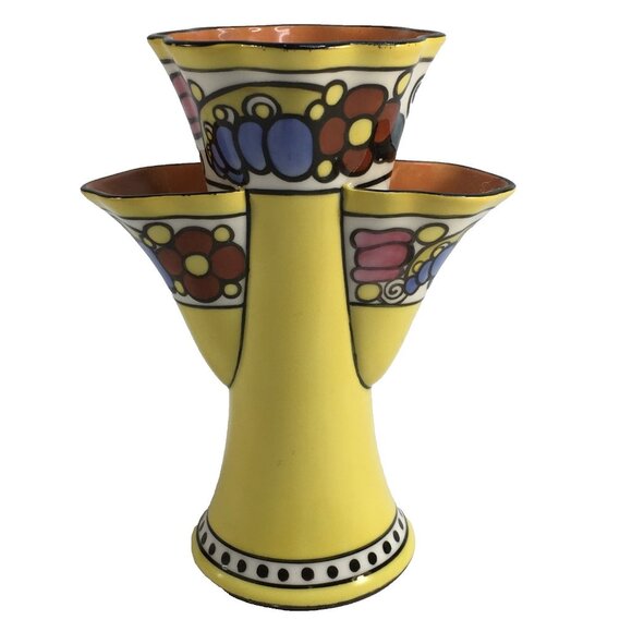 Noritake Art Deco Vase Design 3 Chamber Tulip Yellow Orange Blue Lusterware 7in - Picture 1 of 16